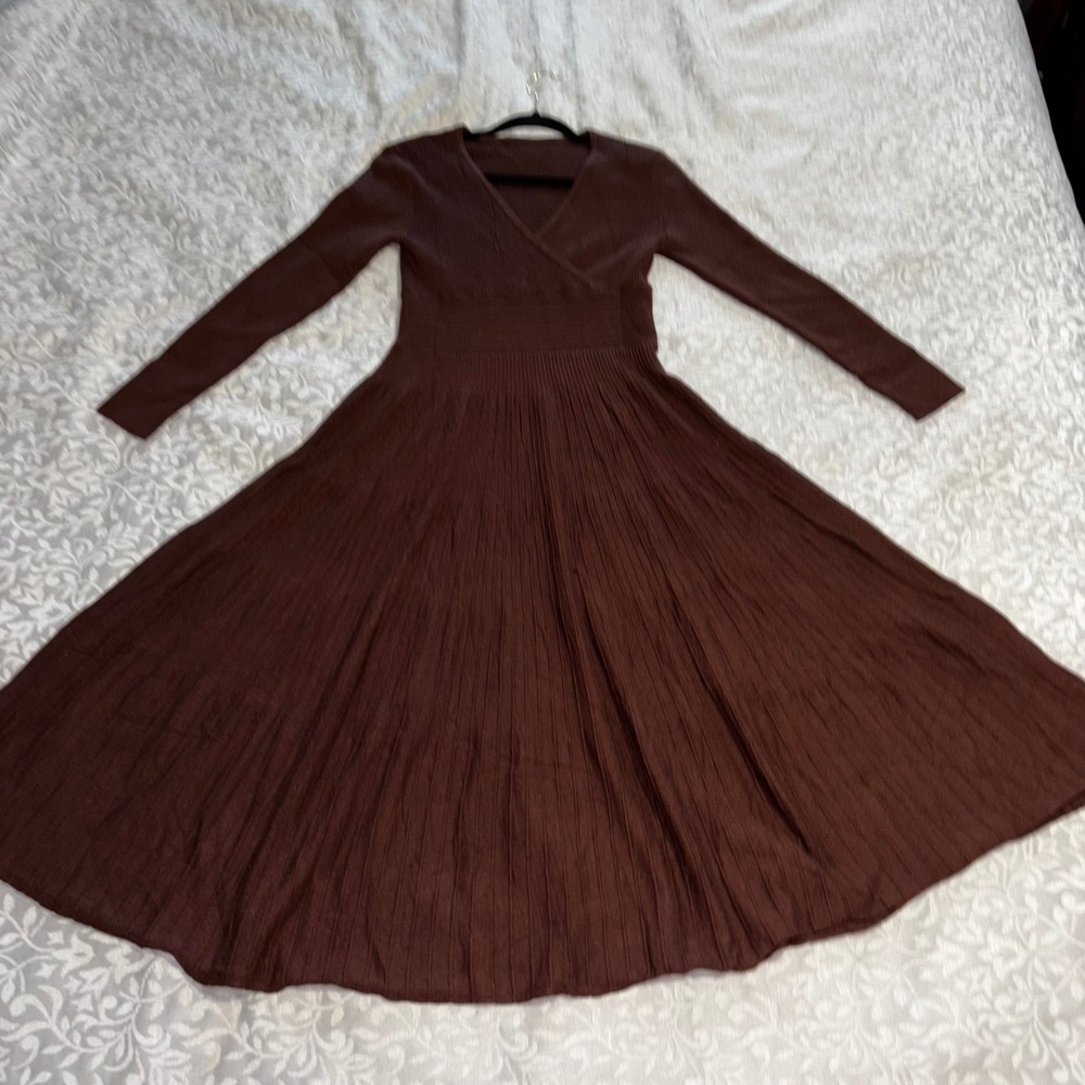 V-Neck Sweater Dress Ribbed Knit Chocolate Brown Maxi (E5)